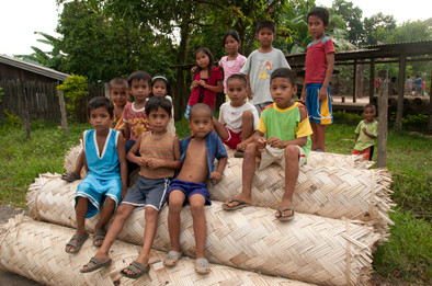 Pala’wan children sat on rolls of bamboo to be sold in the local market.Oil palm plantations are responsible for the depletion of bamboos and other NTFPs.