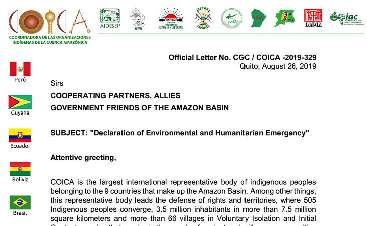 COICA declara a la Amazonía en Emergencia Ambiental y Humanitaria y Hace un Llamado a la Solidaridad