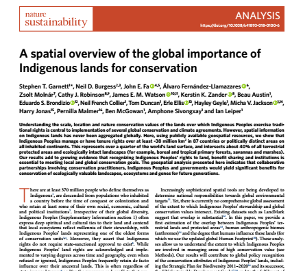 A spatial Overview of The Global Importance of Indigenous Lands for Conservation