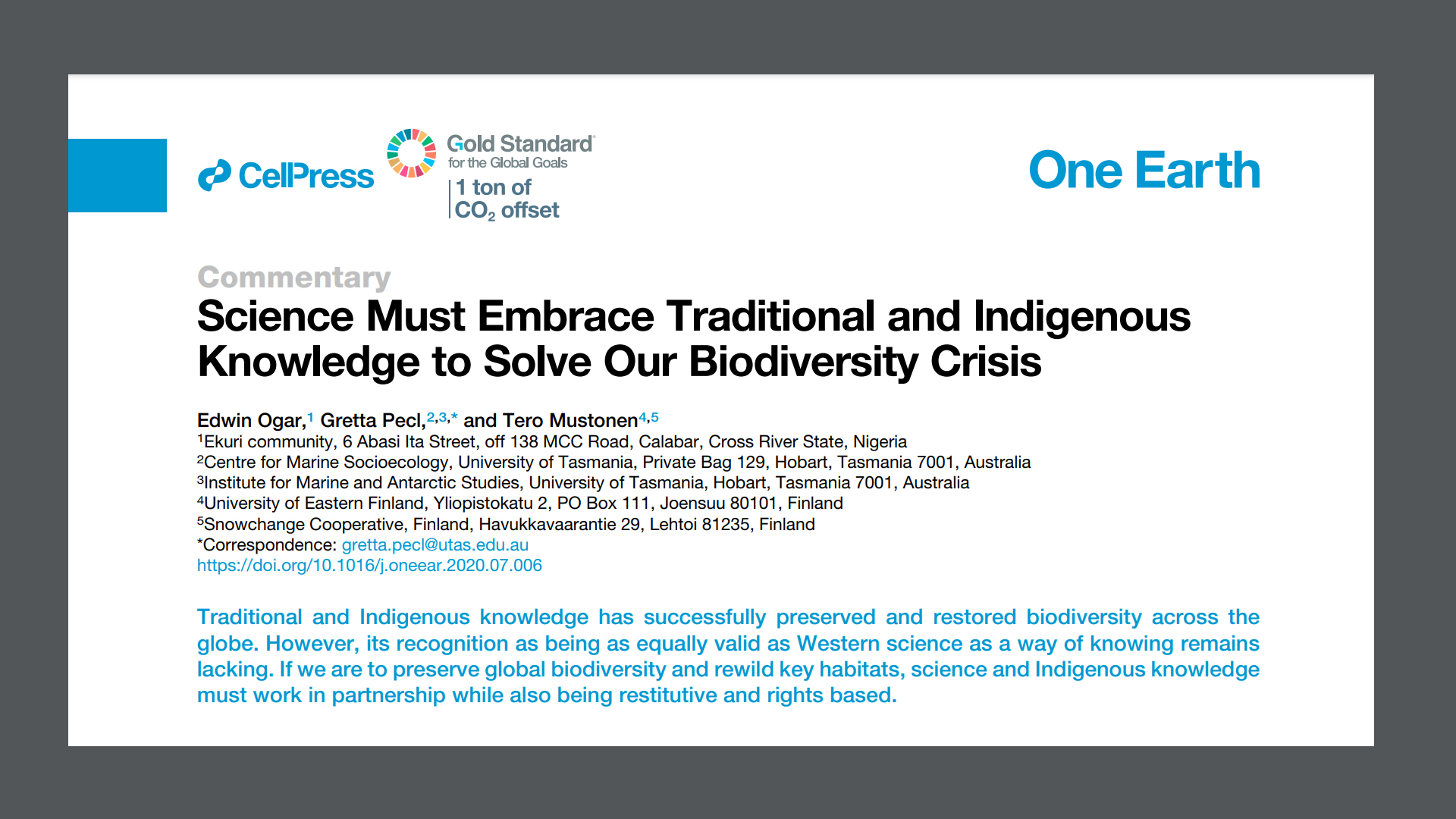 New article: Embrace indigenous knowledge to solve the global biodiversity crisis